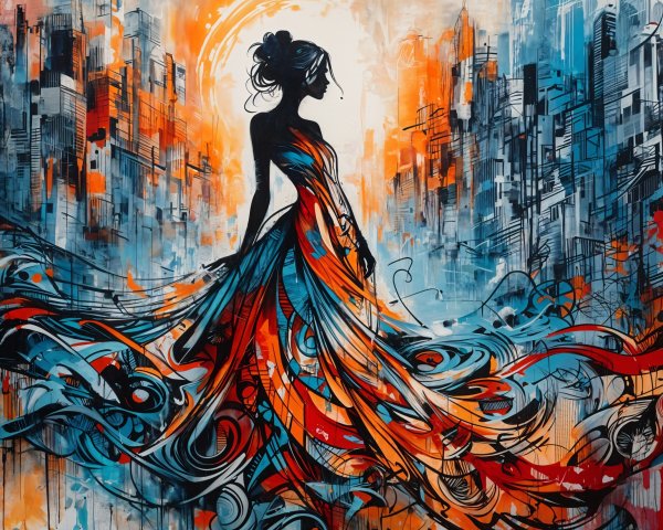 Graffiti Mural of Silhouetted Woman in Cityscape