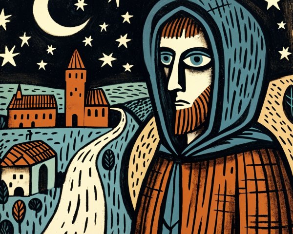 Cloaked Figure Under Starry Sky with Villages and Moon