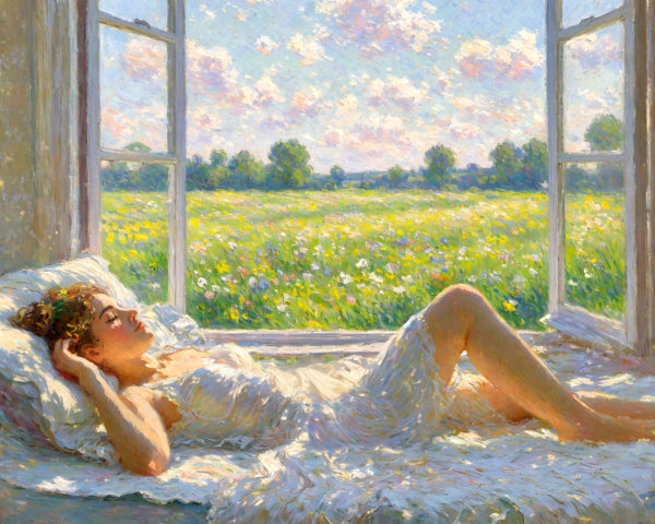 Serene Woman in Sunlit Room with Flower Field View