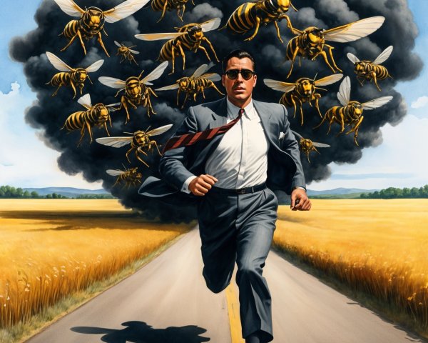 Man in Suit Running from Swarm of Menacing Bees