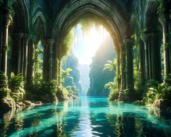 Tropical Landscape with Ancient Stone Archway and Water