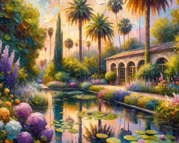 Serene garden scene with palm trees and flowers