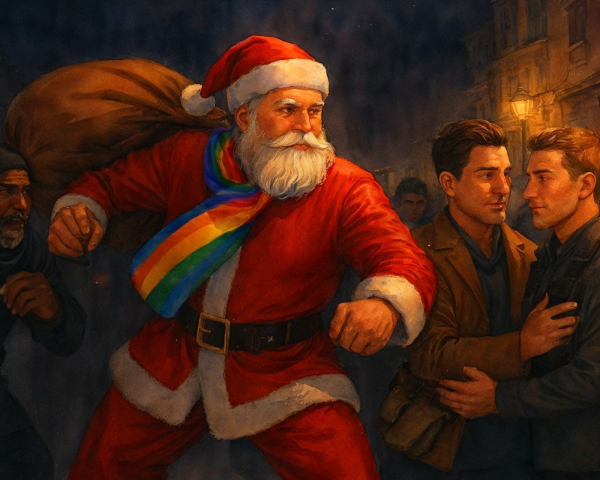 Santa Claus in Red Suit and Rainbow Scarf Confronts Adversaries