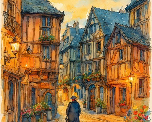 Picturesque Medieval Village Street at Sunset
