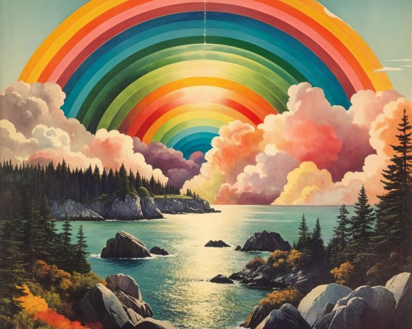 Vibrant Coastal Landscape with Colorful Rainbow