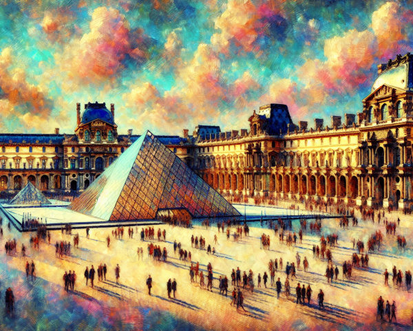 Louvre Museum with Glass Pyramid and Courtyard Scene