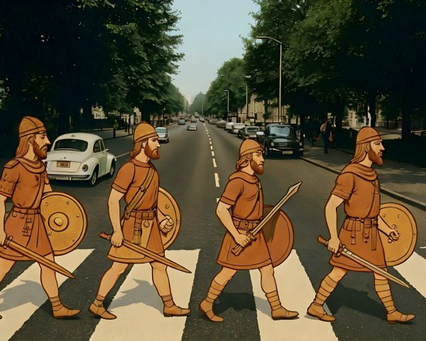 Viking Warriors in Traditional Attire on Urban Street