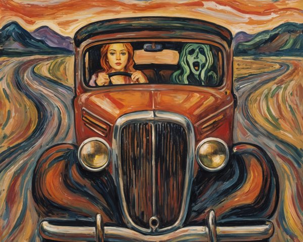 Vibrant Landscape with Woman and Ghostly Figure in Car
