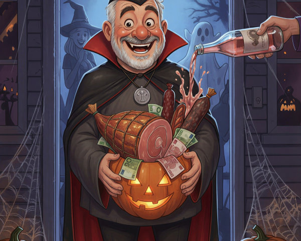 Cheerful Vampire at Decorated Halloween Doorstep