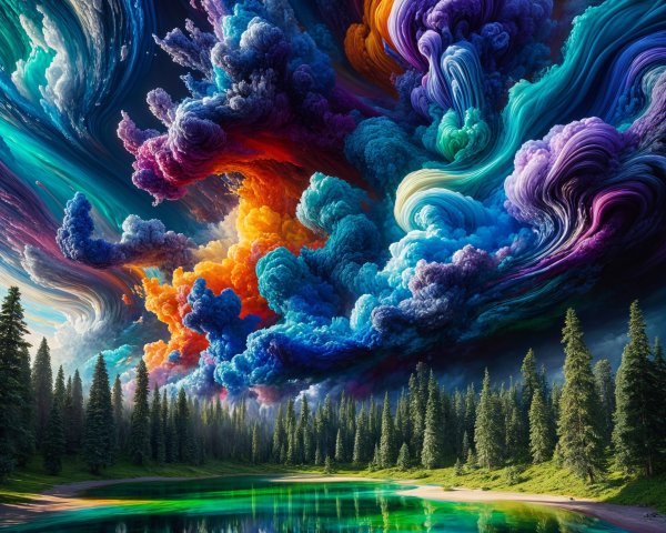 Vibrant Landscape with Colorful Sky and Serene Lake