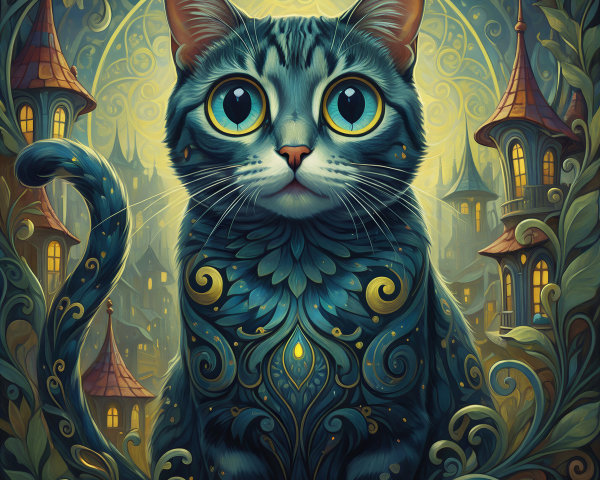 Intricate Cat Artwork in Whimsical Night Scene