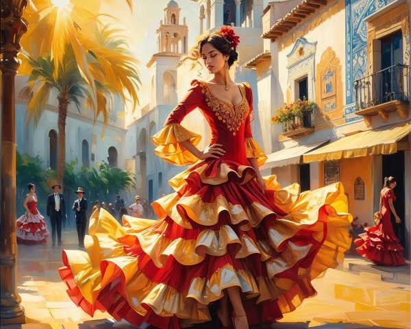 Flamenco Dance in a Colorful Plaza Setting