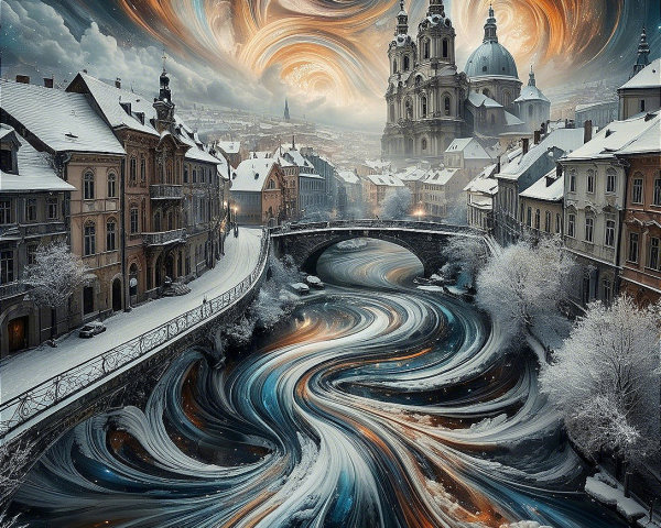Surreal Winter Landscape with Colorful River and Church