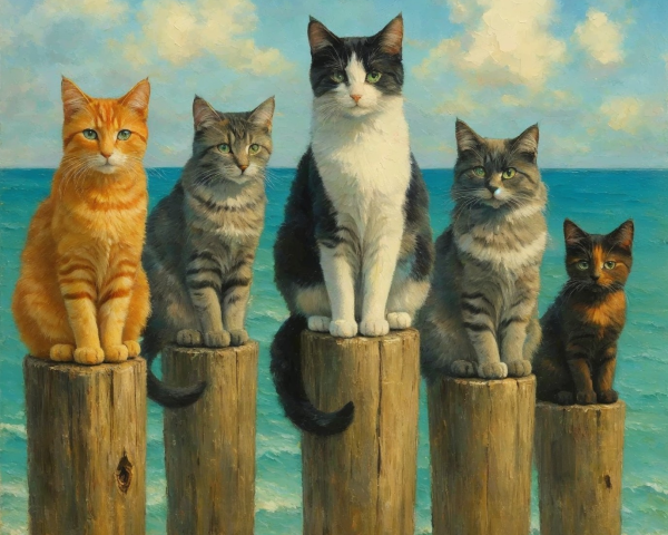 Whimsical Painting of Cats by the Shoreline