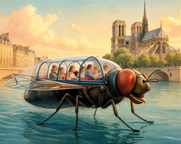 Giant Fly Watercraft Over Parisian River Scene