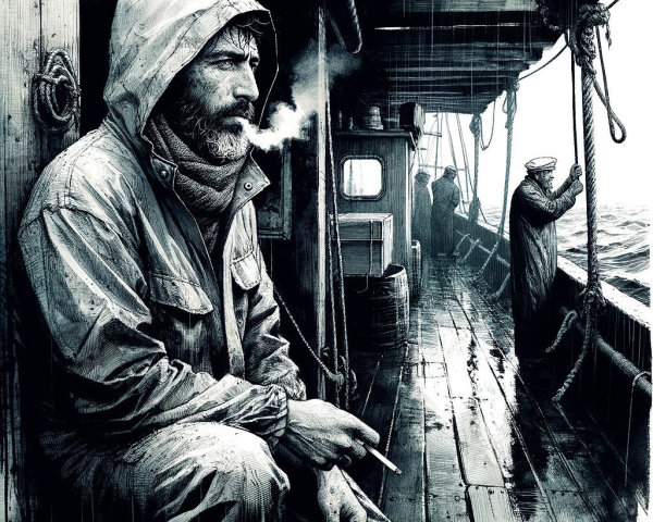 Fisherman in Raincoat on Boat Amidst Choppy Waves