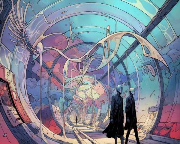 Surreal Futuristic Tunnel with Cloaked Figures and Shapes