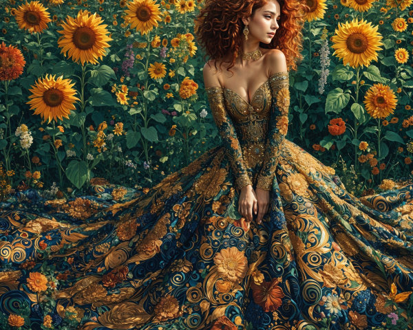Woman in Floral Gown in Sunflower Field