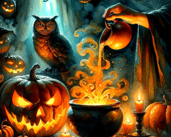 Halloween Scene with Cloaked Figure and Cauldron