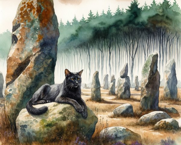Misty Landscape with Black Cat and Ancient Monoliths