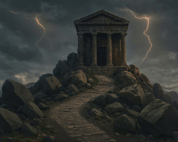 Ancient Temple on Rocky Hill Amidst Stormy Skies