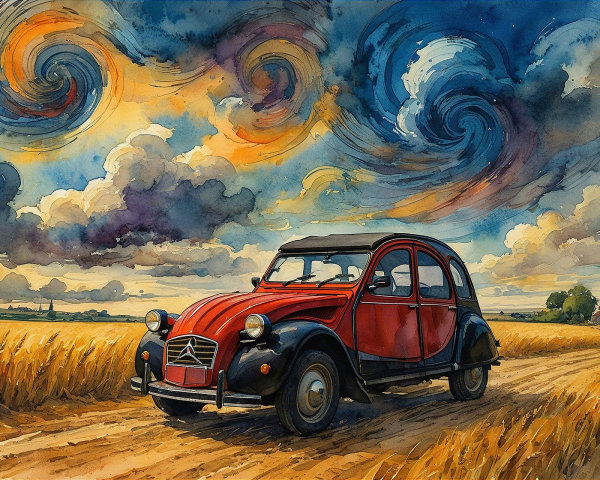 Vintage Red and Black Car in Wheat Field Landscape