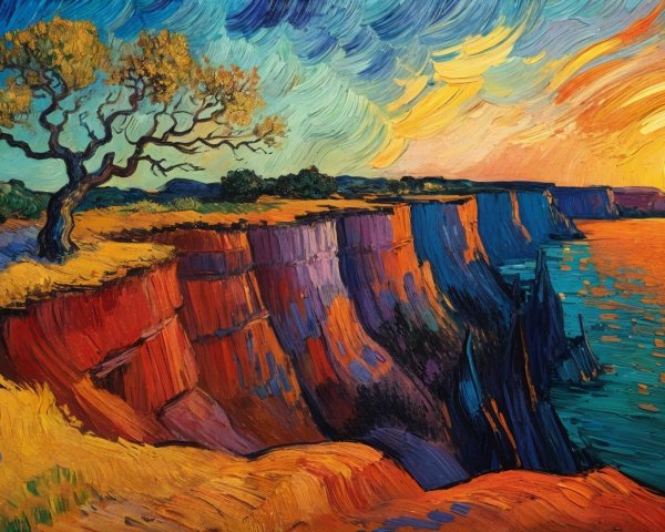 Vibrant Sunset Over Cliffside with Silhouetted Tree