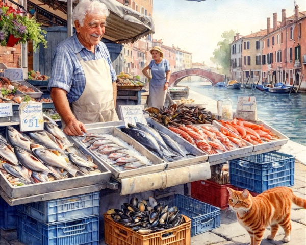 Fish Market Scene by Serene Canal with Fresh Seafood