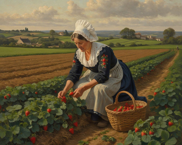 Woman in Traditional Dress Harvesting Strawberries
