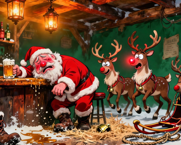 Santa Claus Asleep at a Rustic Bar with Reindeer