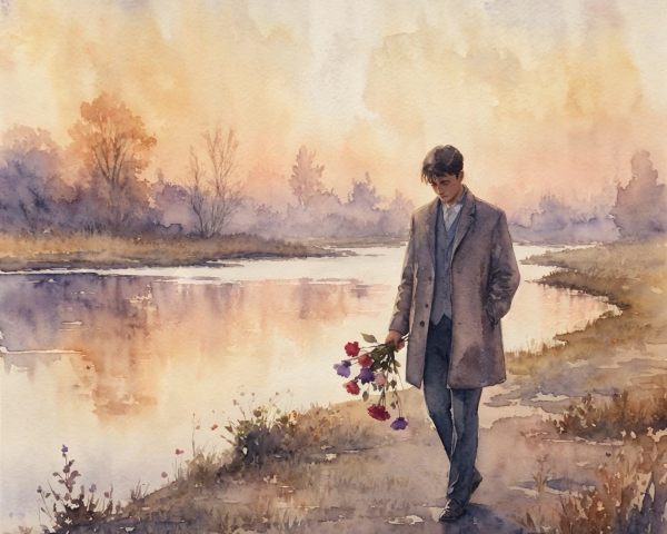 Solitary figure by tranquil river at sunset