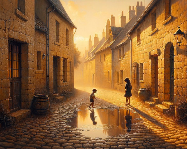 Serene Cobblestone Street at Sunset with Silhouettes