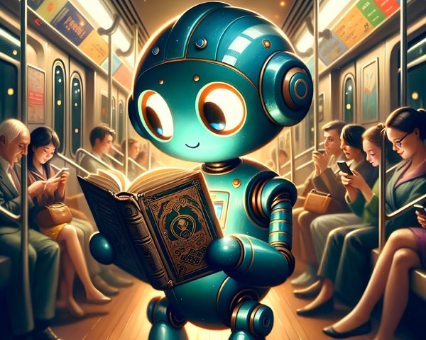 Cartoon Robot Reading in Busy Subway Train Setting