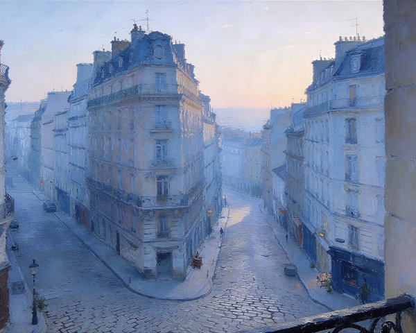 Oil Painting of European City Street at Dawn