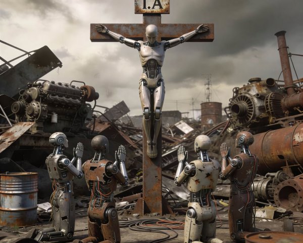 Robots in Prayer Around Crucified Humanoid Robot Scene