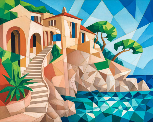 Geometric Painting of Coastal House and Shimmering Sea