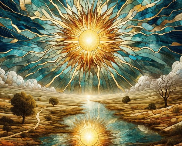 Vibrant landscape with sun, river, hills, and tree