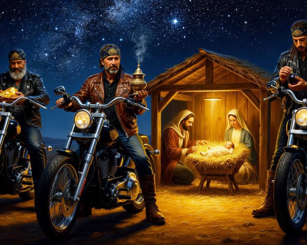 Bikers in Leather Riding Motorcycles Under Starry Sky