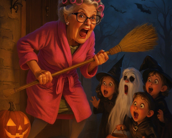 Elderly Woman in Pink Robe on Halloween Night