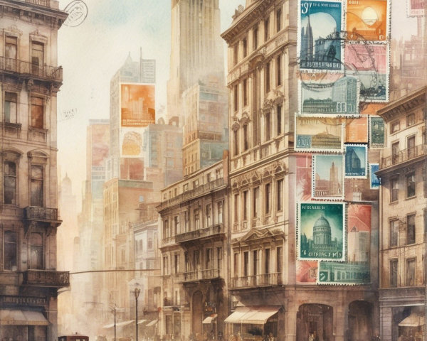 Watercolor Cityscape with Vintage Architecture Elements