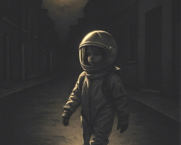 Child in Astronaut Suit on Moonlit Street Scene
