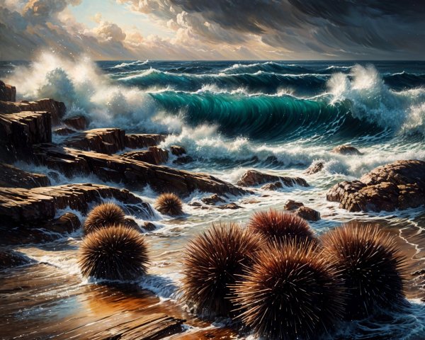 Dramatic Coastal Scene with Waves and Sea Urchins
