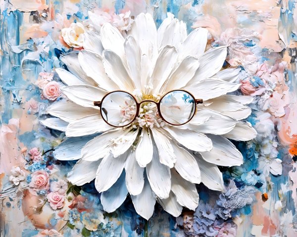 Textured White Flower with Glasses in Abstract Background