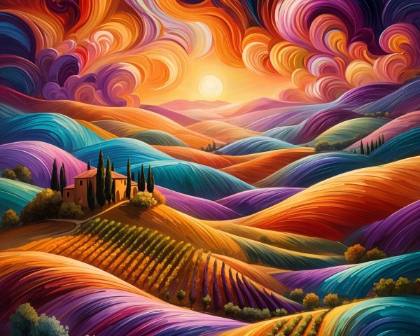 Vibrant Landscape with Rolling Hills and Farmhouse