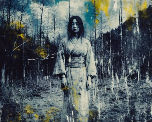 Woman in Kimono in Barren Forest with Eerie Atmosphere