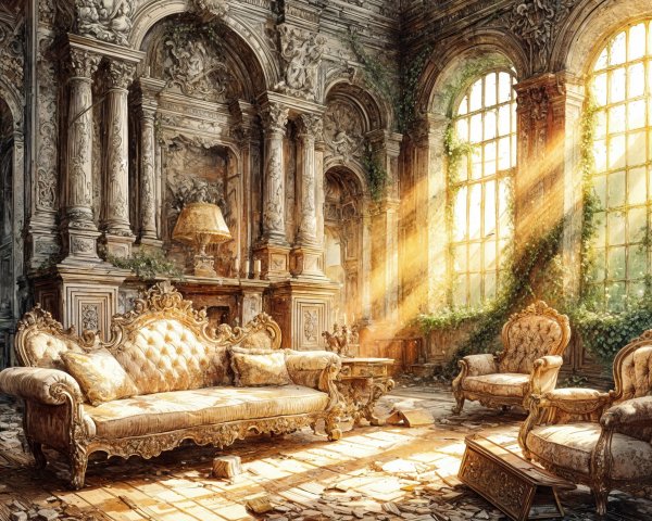 Opulent Decaying Room with Sunlight and Intricate Details