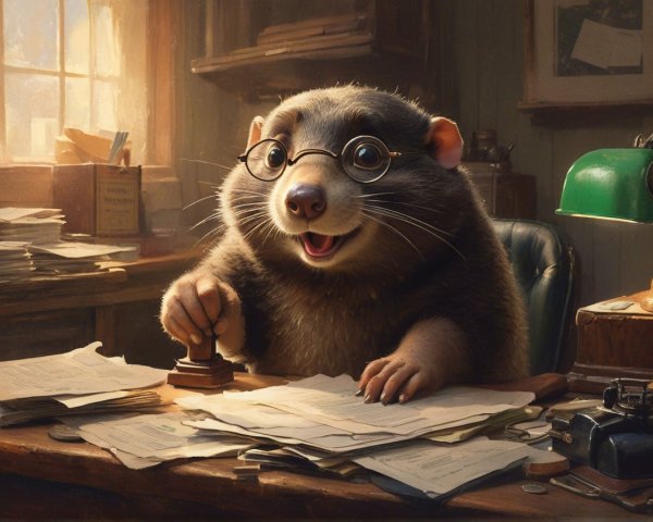 Anthropomorphic creature at a cluttered desk scene