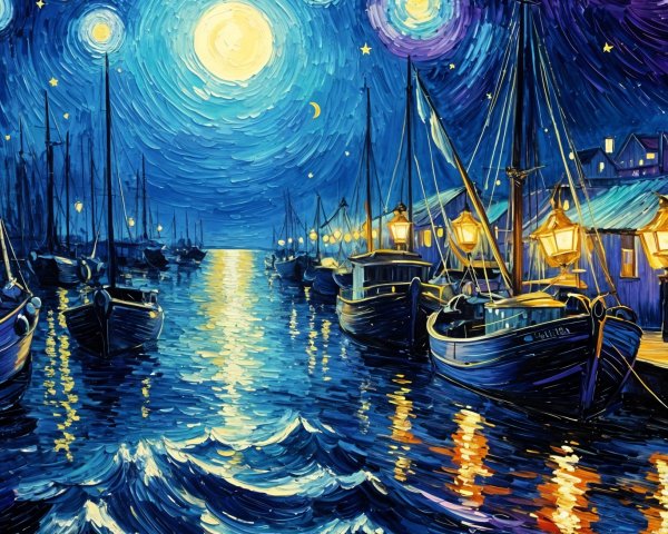 Serene Night Harbor Scene with Moon and Stars