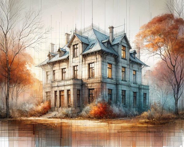 Grand Mansion Surrounded by Vibrant Autumn Trees