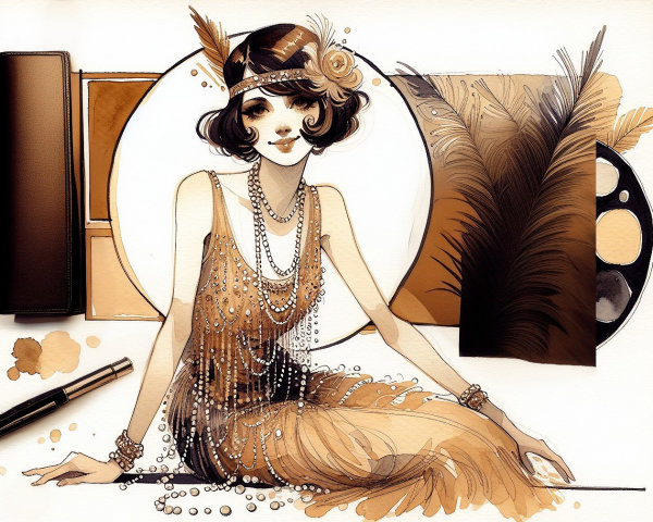 1920s Flapper Woman in Glamorous Dress and Art Supplies
